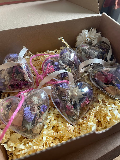 Colourful dried petals sweetheart baubles - box of 6