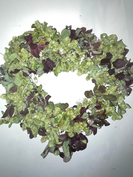 Dried hops and smoke bush wreath on a deep heart shaped base - Halloween / Christmas decor