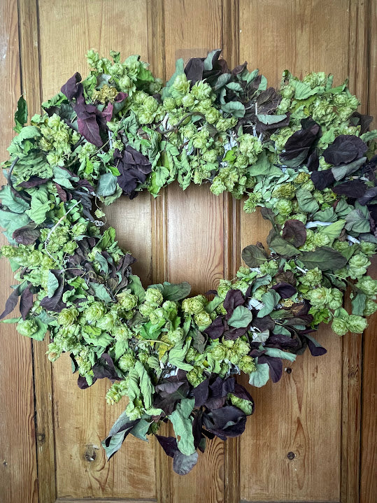 "Hoppy Christmas" - Dried hops and smoke bush wreath on a deep heart shaped base