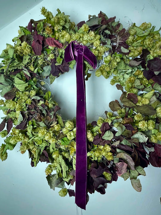 "Hoppy Christmas" - Dried hops and smoke bush wreath on a deep heart shaped base