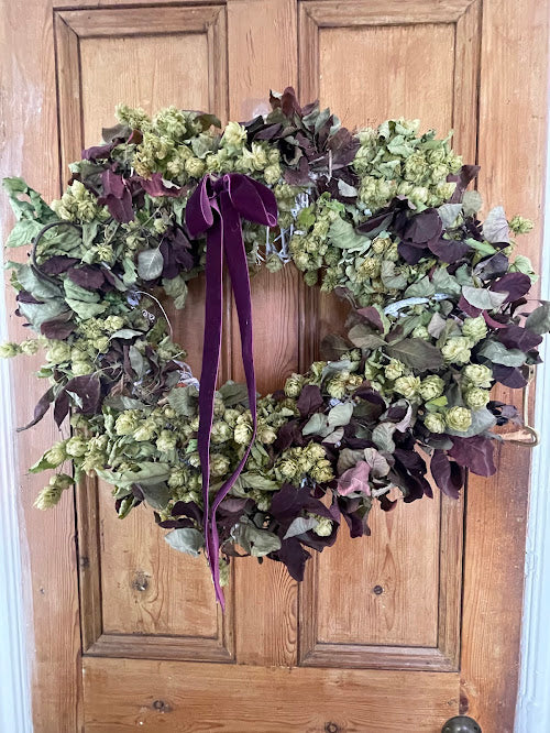 "Hoppy Christmas" - Dried hops and smoke bush wreath on a deep heart shaped base