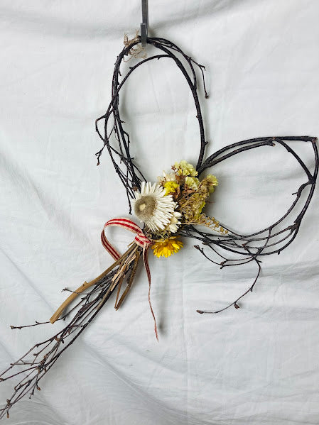 Birch heart dried flower wreath - yellow and white with red gingham ribbon