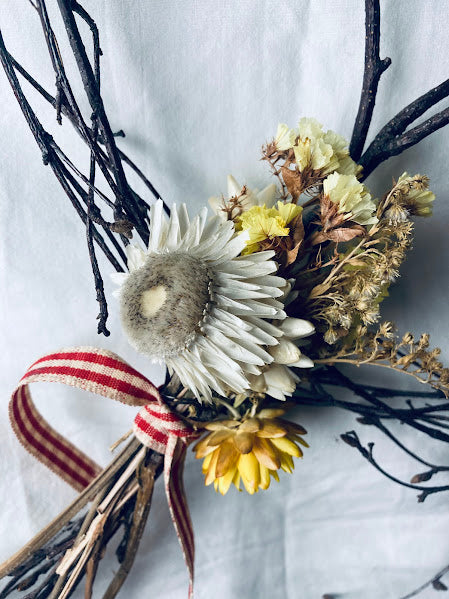 Birch heart dried flower wreath - yellow and white with red gingham ribbon