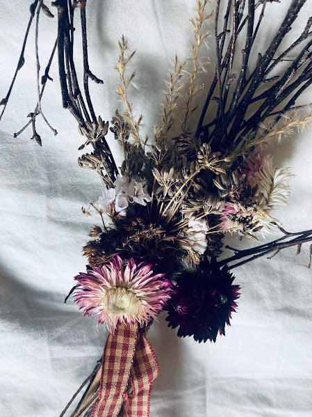 Birch heart dried flower wreath - pink with red gingham ribbon