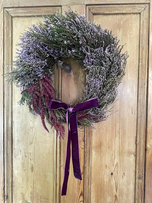 Pink heather wreath with amaranthus and luxurious velvet ribbon