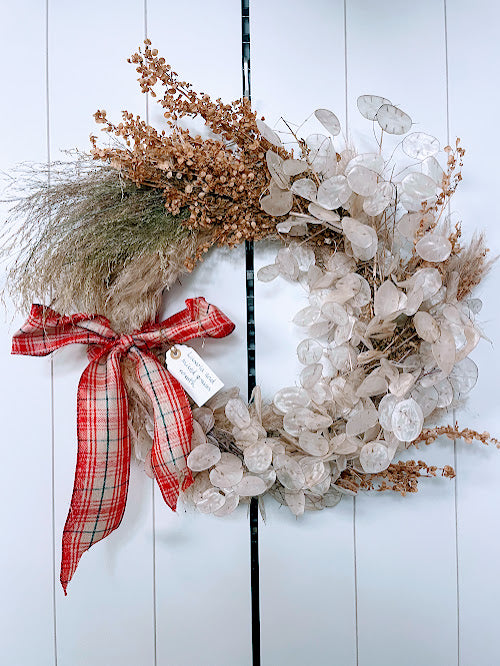Lunaria and dried mixed grasses wreath with Christmas bow 40cm