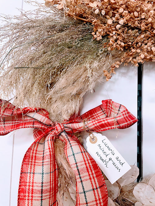 Lunaria and dried mixed grasses wreath with Christmas bow 40cm