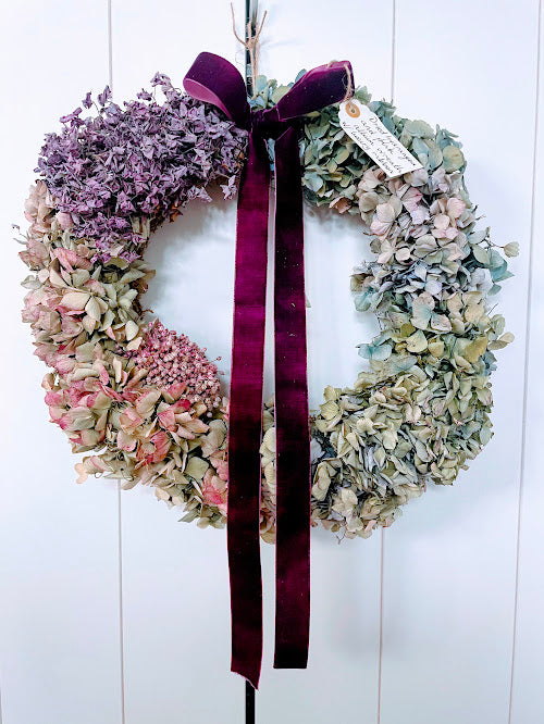 Everlasting dried hydrangea wreath with allium seedhead and velvet bow 40cm