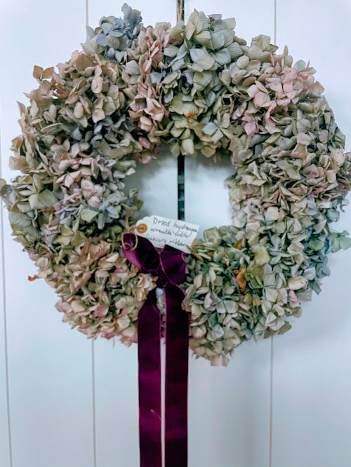 Everlasting pure dried hydrangea wreath with velvet bow 40cm