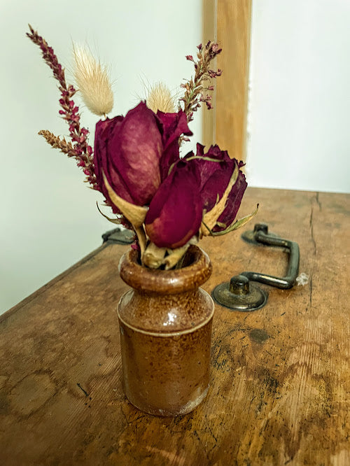 Valentine ink pot with dried red rose posy - boxed for mailing or gifting
