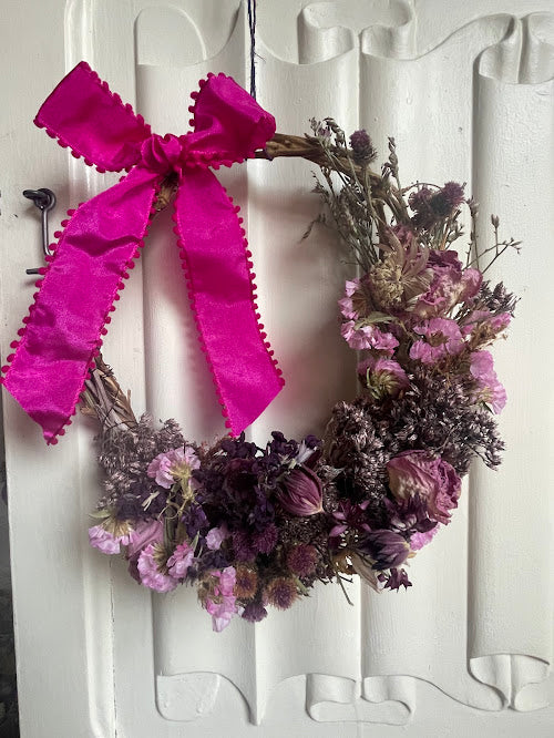 Handcrafted Dried Botanical Wreath with Hot Pink Pom-Pom Bow