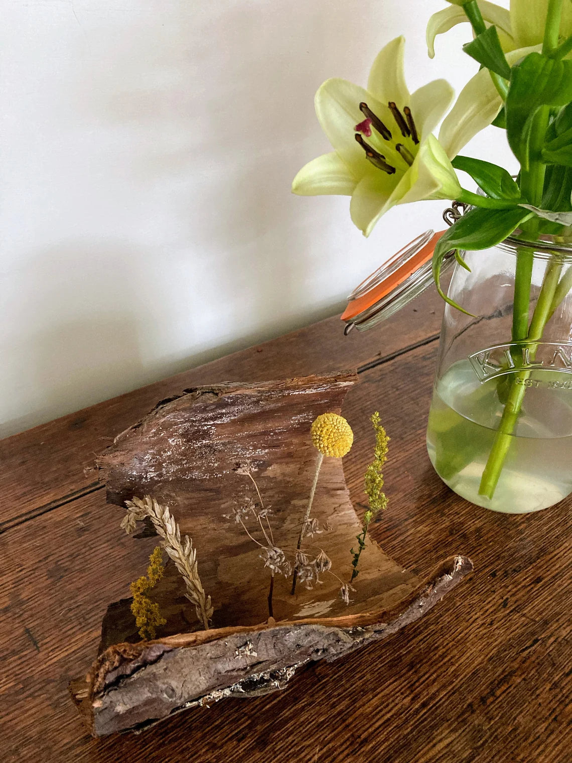 Curved Woodland Bark Sculpture with Flowers