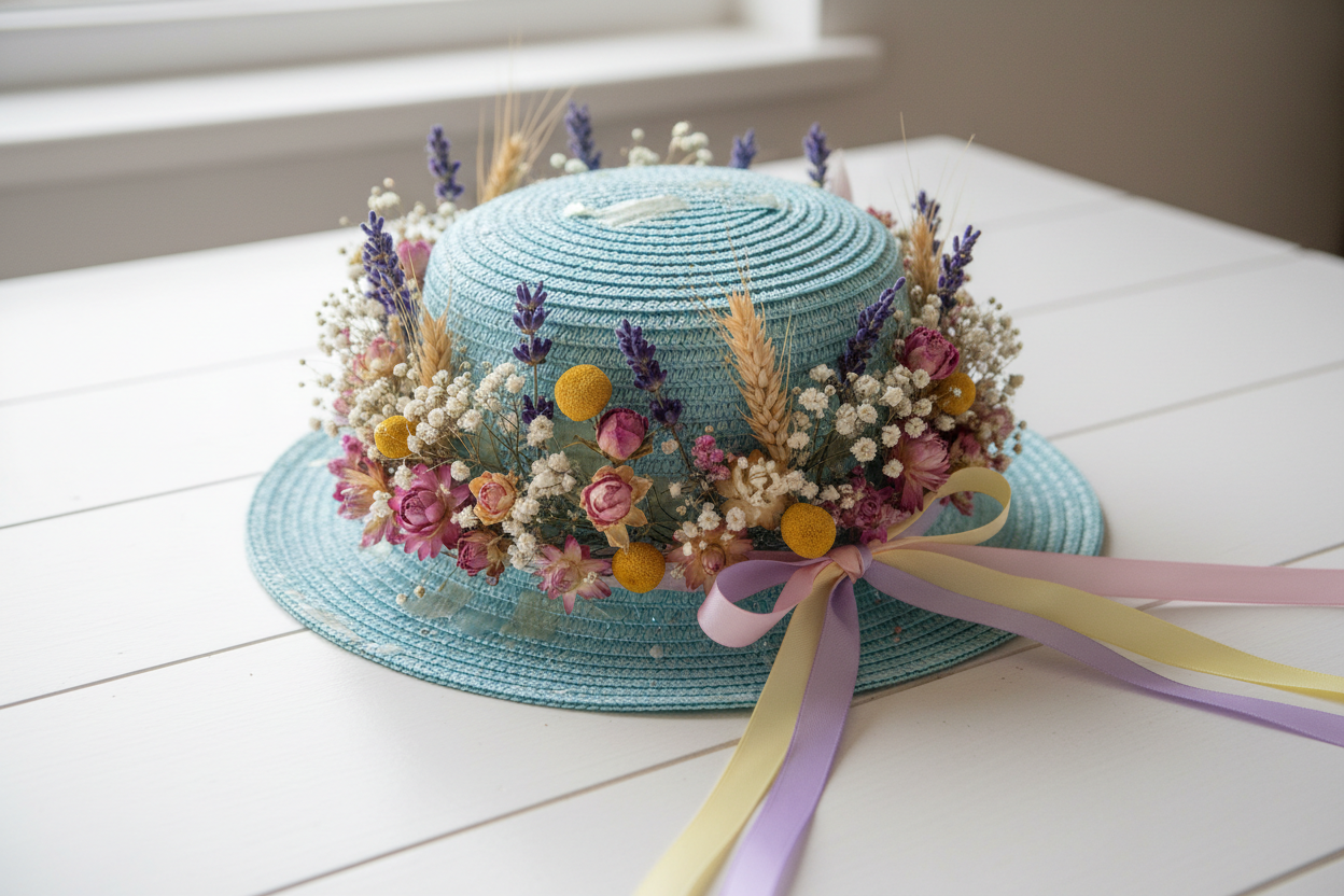 easter bonnet dried flowers made by child