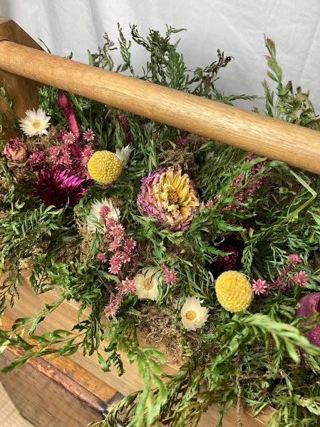 Wildflower wooden trough - pink and yellow dried flowers and ferns