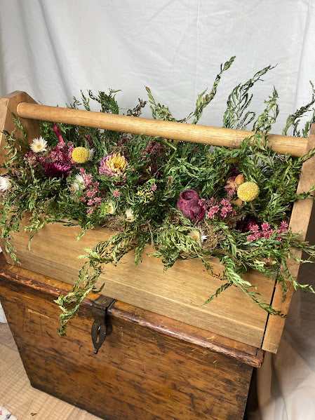 Wildflower wooden trough - pink and yellow dried flowers and ferns