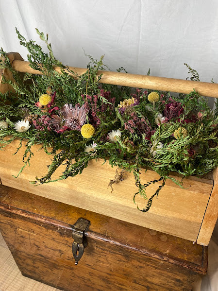 Wildflower wooden trough - pink and yellow dried flowers and ferns