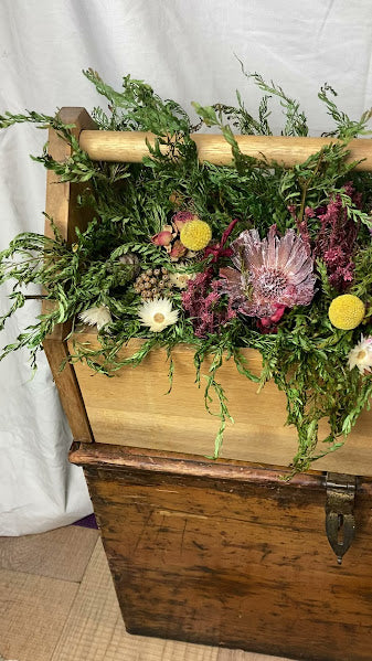 Wildflower wooden trough - pink and yellow dried flowers and ferns